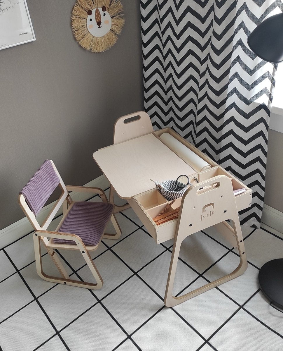 Justerbart och Multifunktionellt Bord och Stol Set För Barn i Montessori Stil - Rosa - Rootly - Montessori möbler