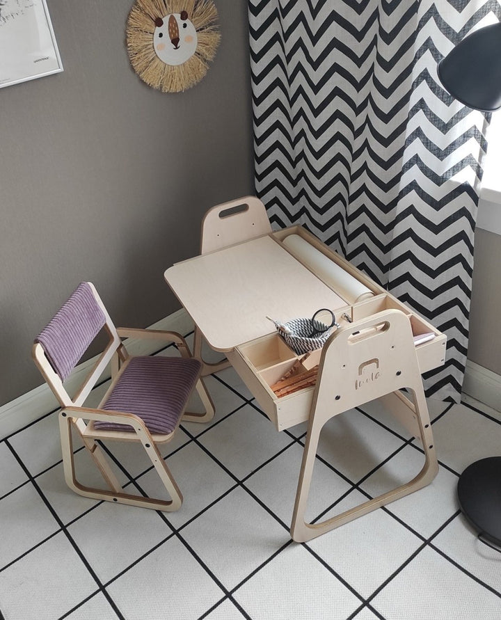 Justerbart och Multifunktionellt Bord och Stol Set För Barn i Montessori Stil - Rosa - Rootly - Montessori möbler