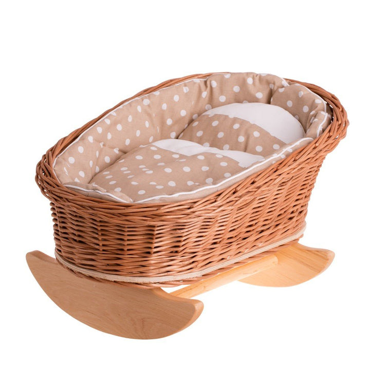 Mimi flätad dockvagga i rotting med beige bäddset - Rootly - Träleksaker