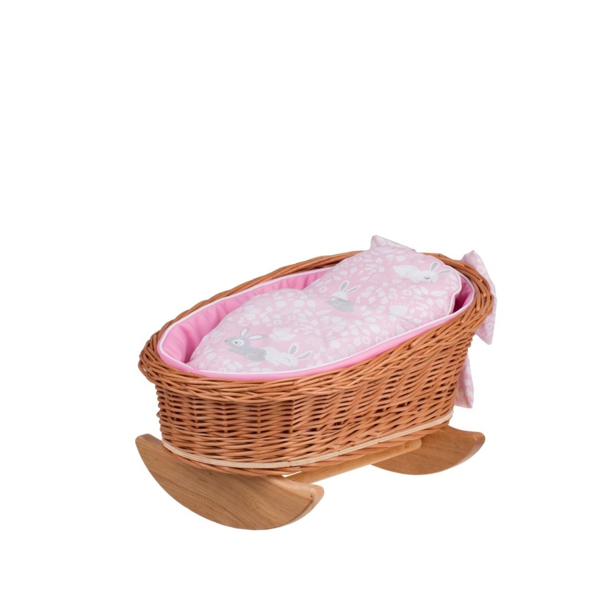 Mimi flätad dockvagga i rotting med rosa bäddset - Rootly - Träleksaker