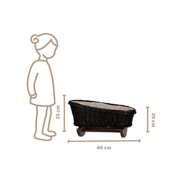 Mimi gungande dockvagga i rotting – mörk modell med beige bäddning - Rootly - Träleksaker