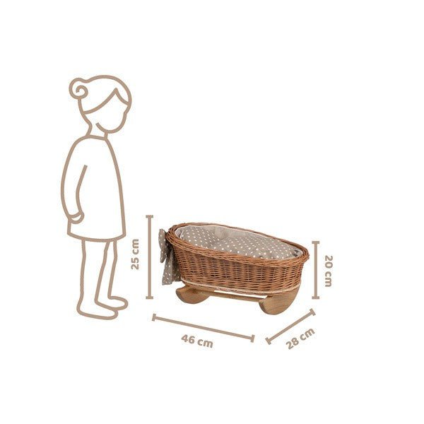 Mimi gungande dockvagga i rotting – naturfärgad med beige bäddsätt - Rootly - Träleksaker