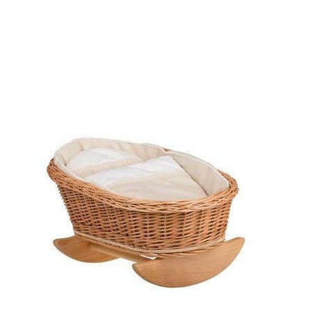 Mimi gungande dockvagga i rotting – naturfärgad med beige bäddset - Rootly - Träleksaker