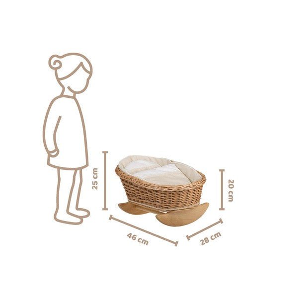 Mimi gungande dockvagga i rotting – naturfärgad med beige bäddset - Rootly - Träleksaker