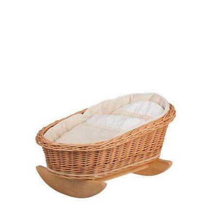 Mimi gungande dockvagga i rotting – naturfärgad med beige bäddset - Rootly - Träleksaker