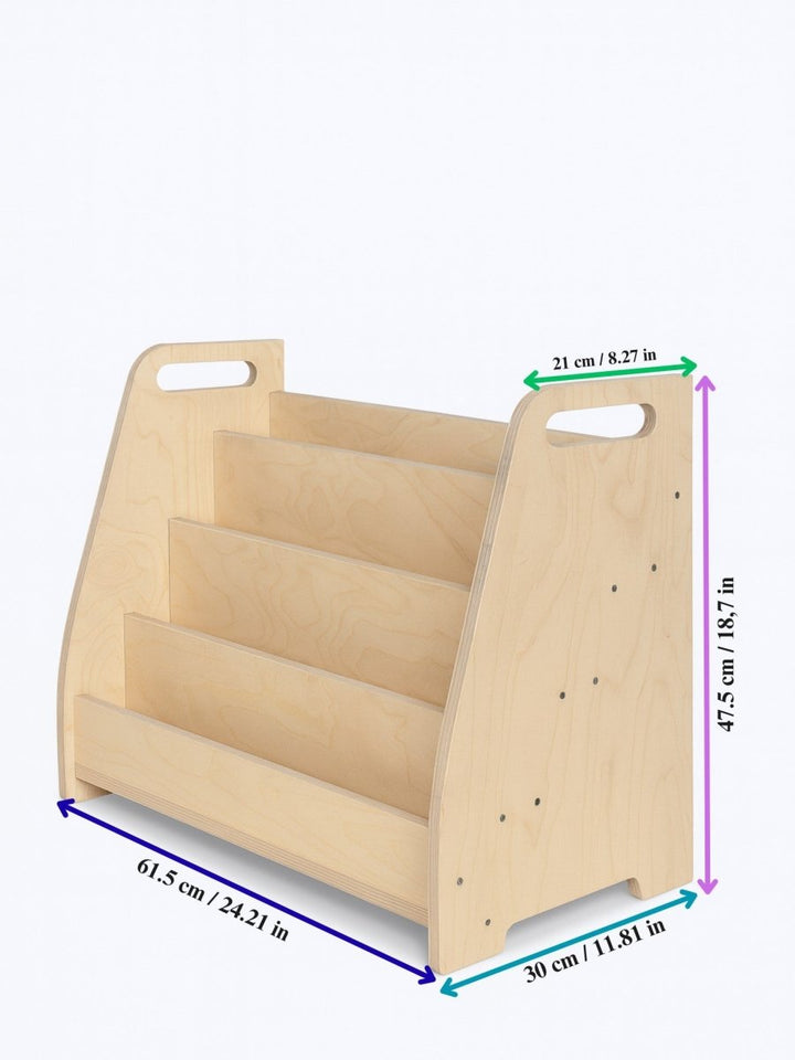 Montessori bokhylla för barn med frontvänd bokdisplay i trä - Flera olika färger - Rootly - Montessori möbler