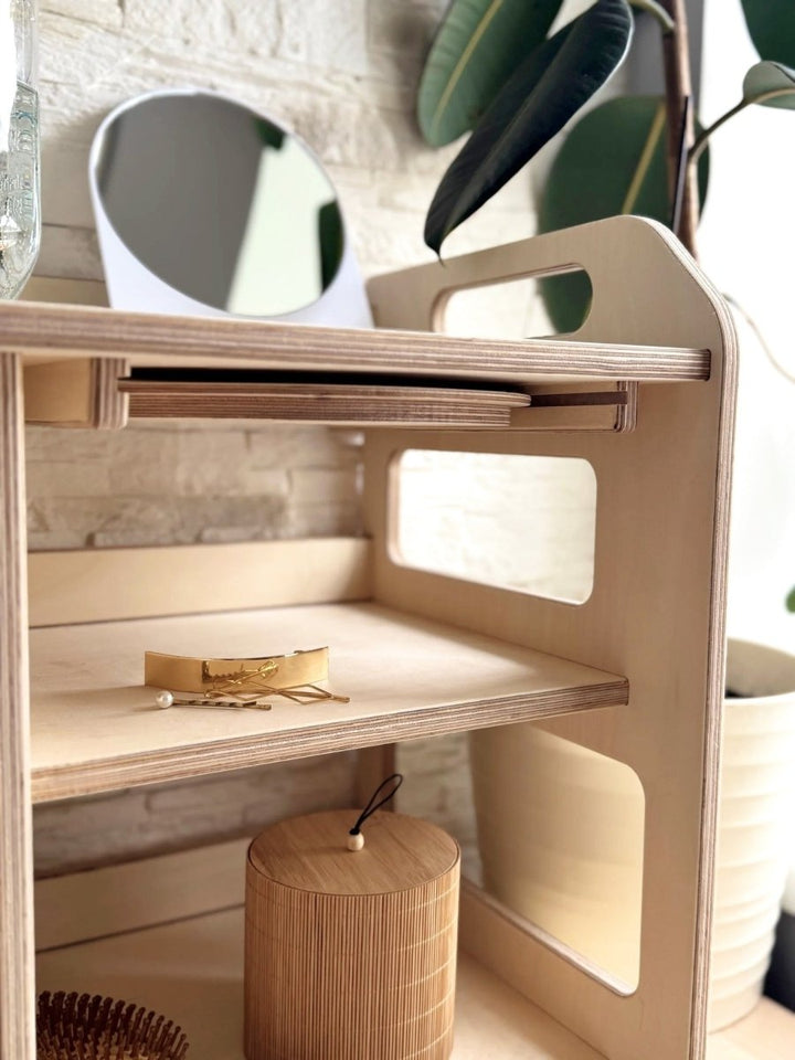 Montessori tvättställ i trä med förvaring för barn – Stor modell - Rootly - Montessori möbler