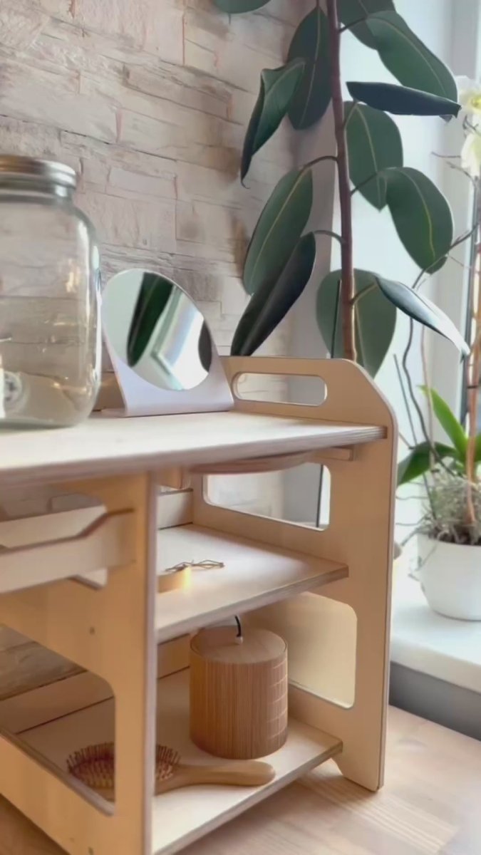 Montessori tvättställ i trä med förvaring för barn – Stor modell - Rootly - Montessori möbler