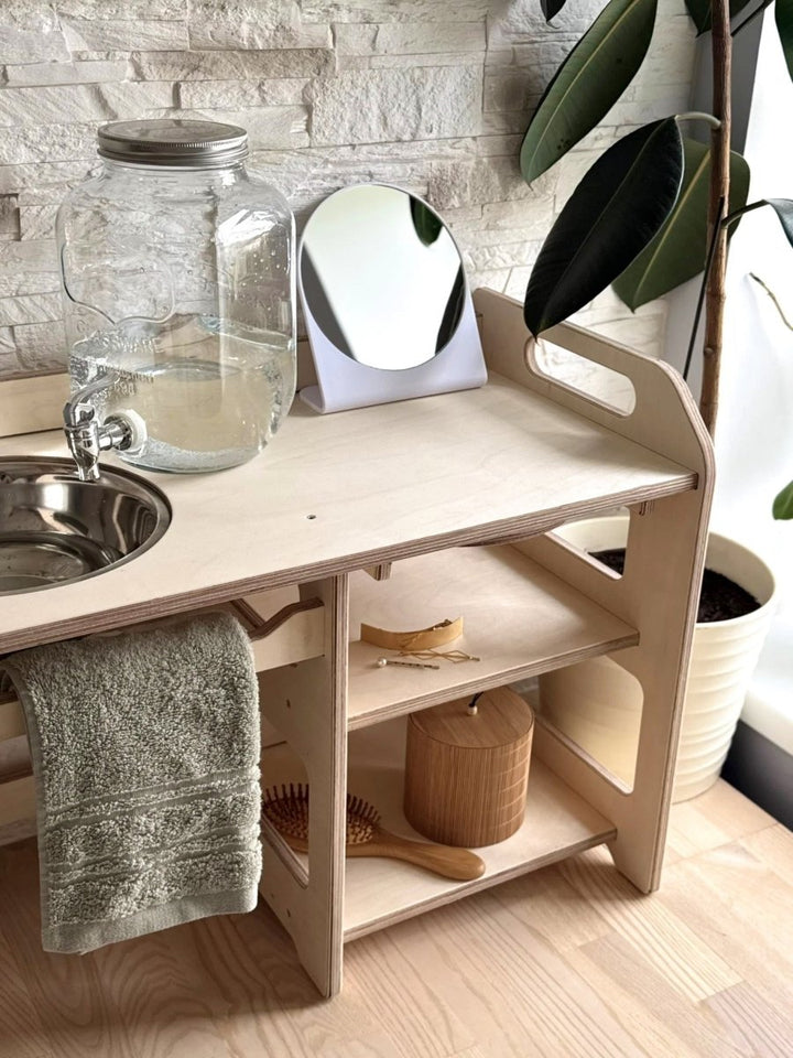 Montessori tvättställ i trä med förvaring för barn – Stor modell - Rootly - Montessori möbler