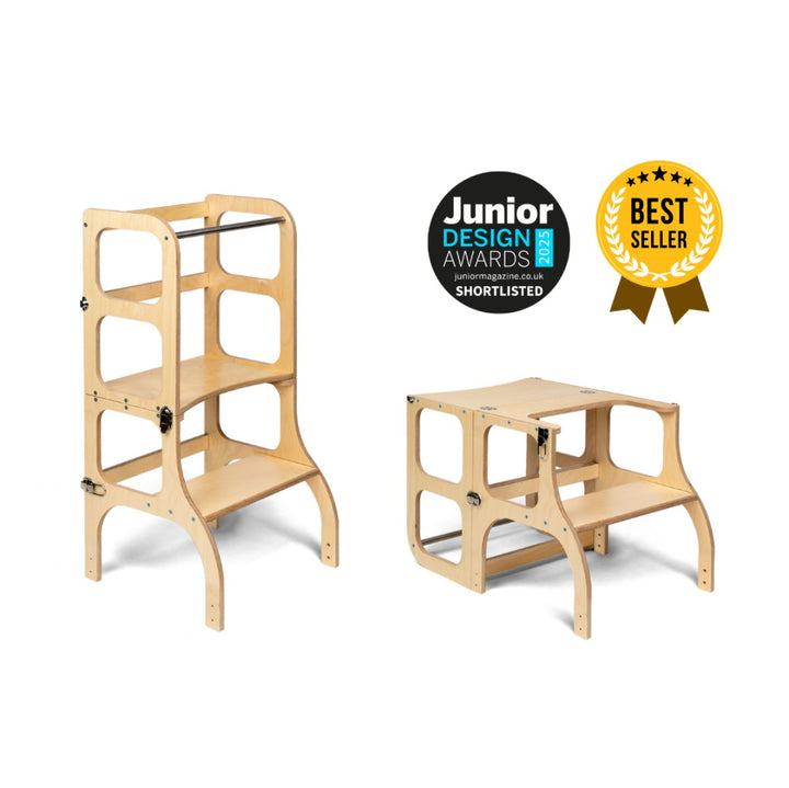STEP’n’SIT 2-i-1 lärandetorn och barnbord i naturfärgad björkplywood – Ette Tete