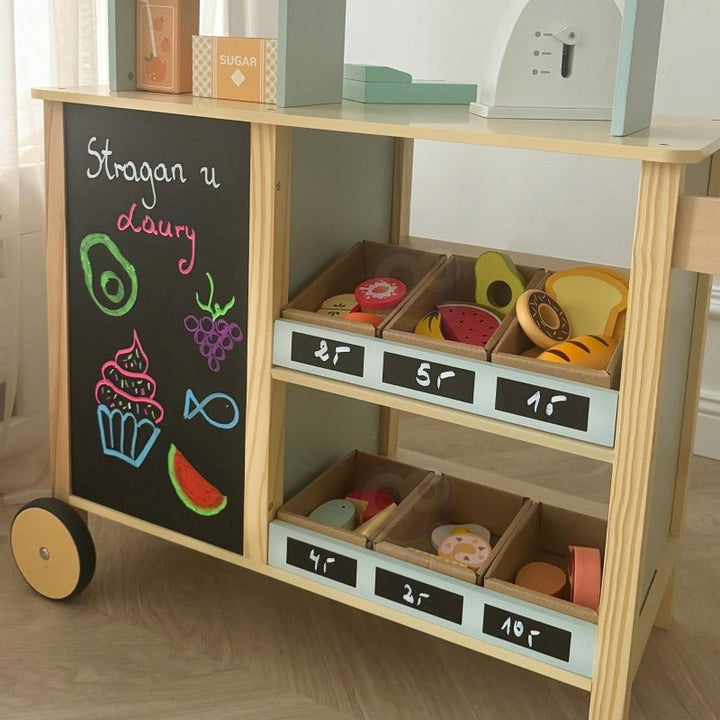 Stor multifunktionell matbutiksvagn i trä för barn - 73 delar - Rootly - Träleksaker