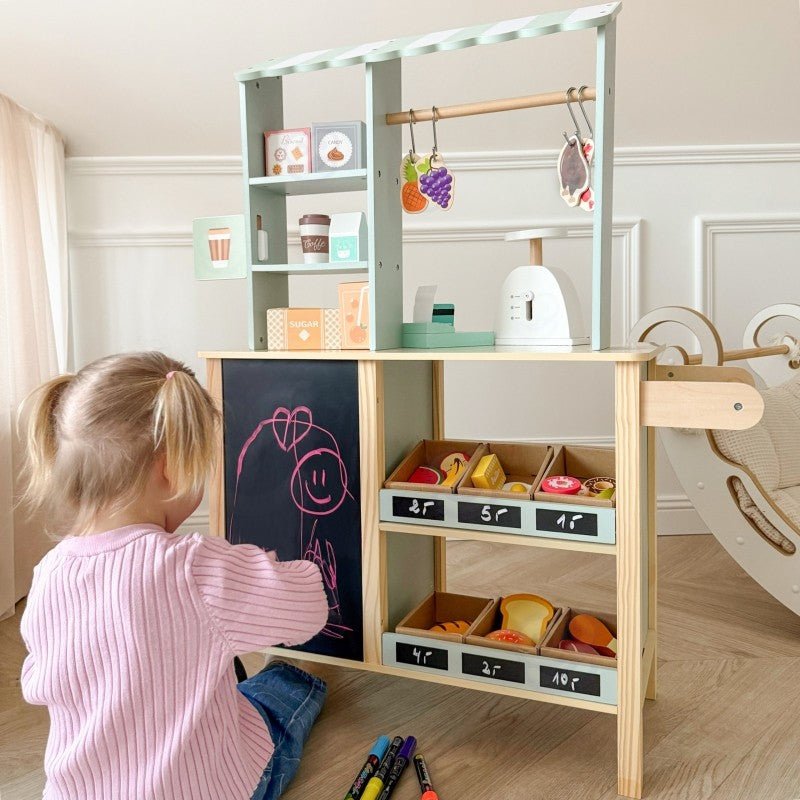 Stor multifunktionell matbutiksvagn i trä för barn - 73 delar - Rootly - Träleksaker