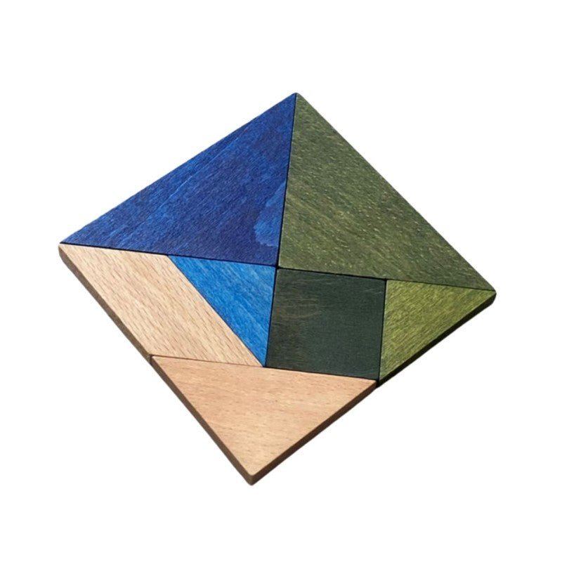 Tangram Pussel i Trä – Kalla Färger - Rootly - Träleksaker