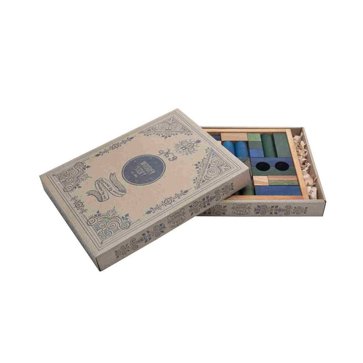 Träklossar i Elegant Låda – Kalla Färger, 30 Bitar - Rootly - Träleksaker